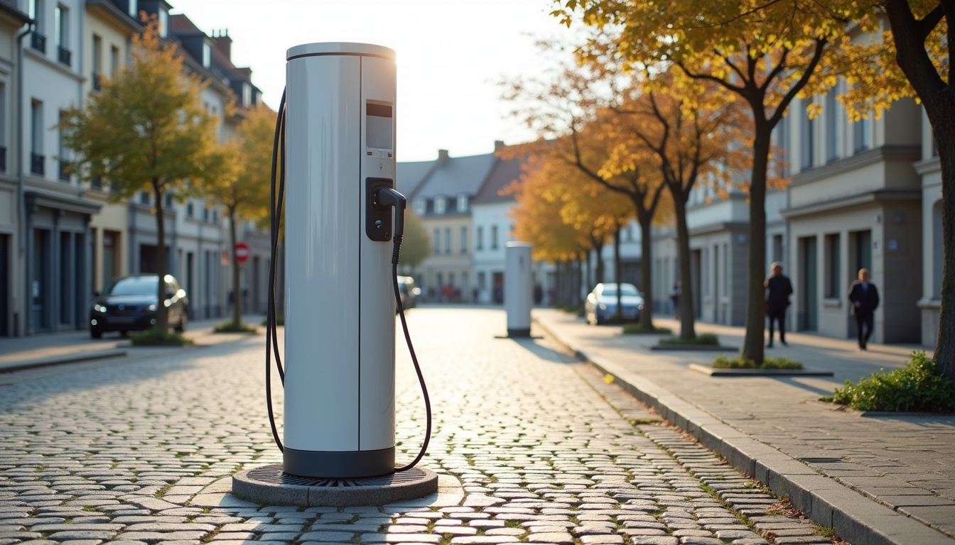 Borne de recharge électrique en extérieur à Dun-le-Palestel, située sur une place publique