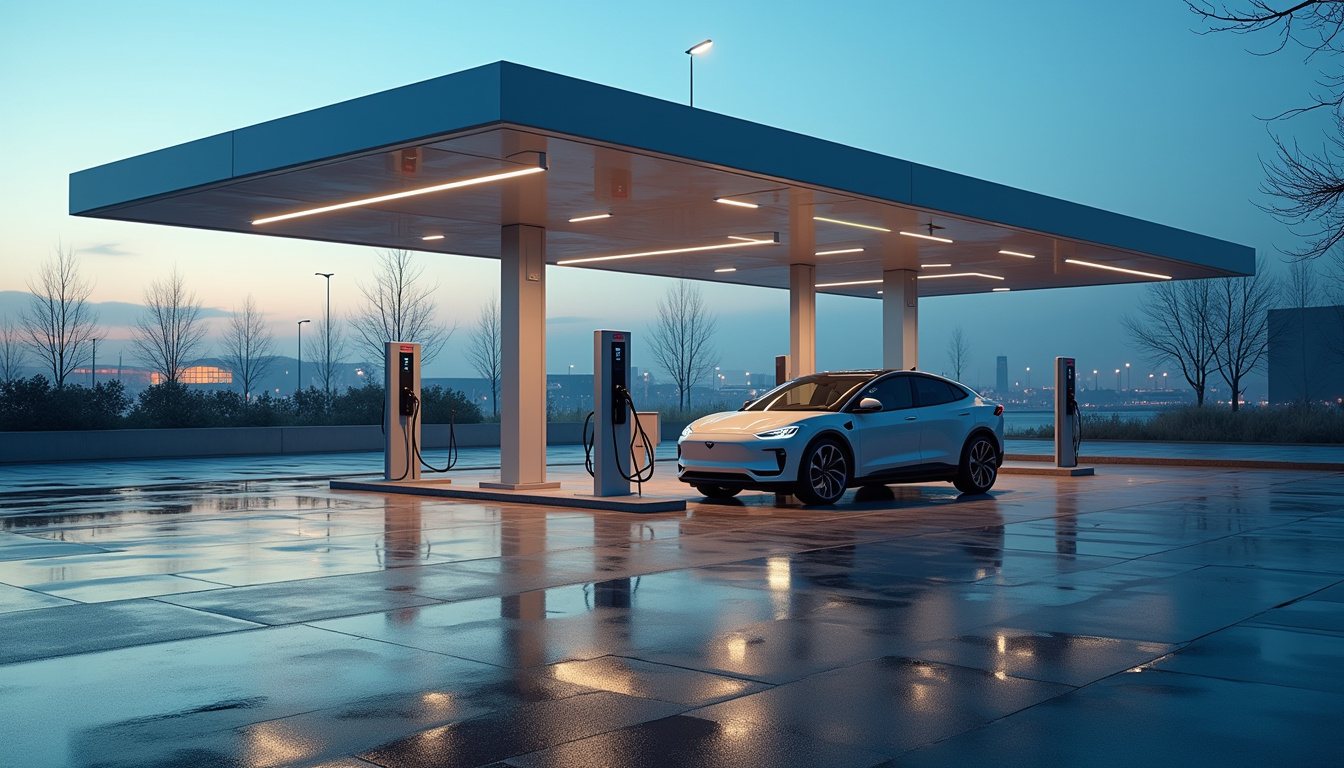 Borne de recharge électrique en extérieur à l'aéroport de Lyon-Saint-Exupéry, situé sur la commune de Colombier-Saugnieu