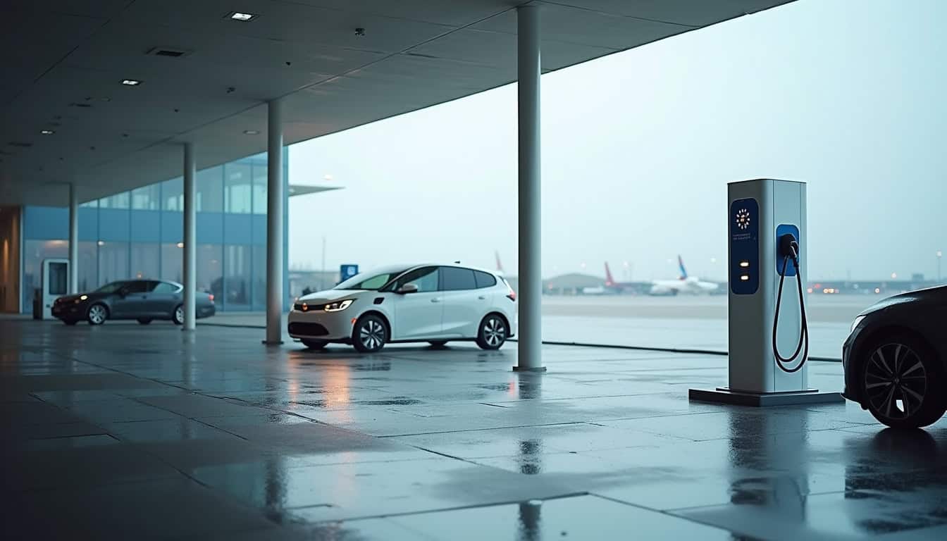 Borne de recharge électrique en extérieur dans un parking près de l'aéroport Roissy Charles-de-Gaulle