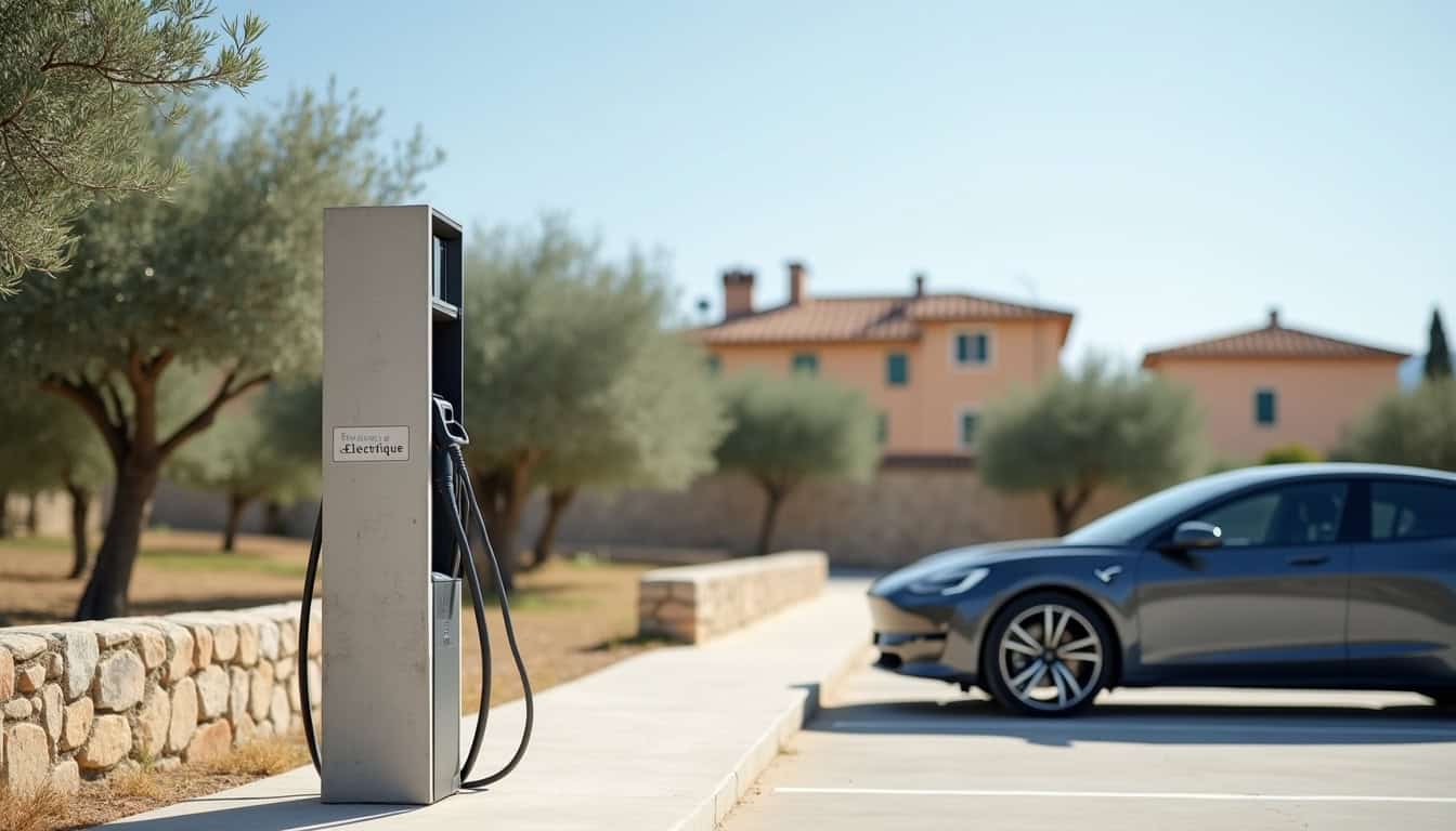 Borne de recharge électrique en extérieur dans un parking public à Gassin