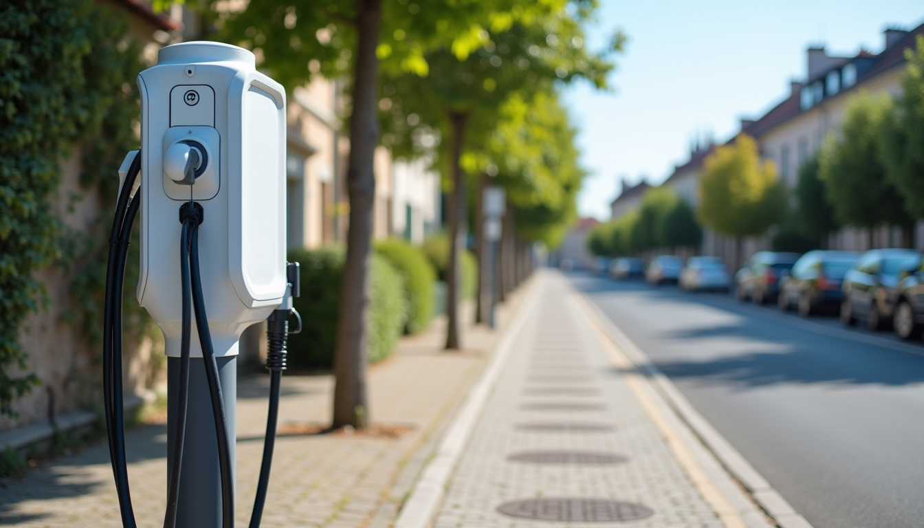 Borne de recharge électrique en extérieur dans une rue de Lognes, allée des Palombes