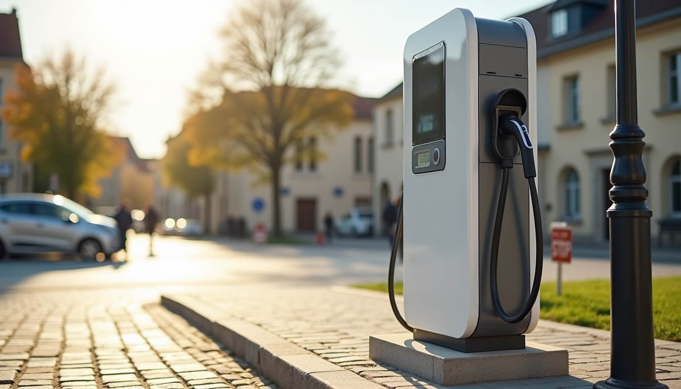 Borne de recharge électrique en extérieur sur la Place Vauvillier à Saint-Piat