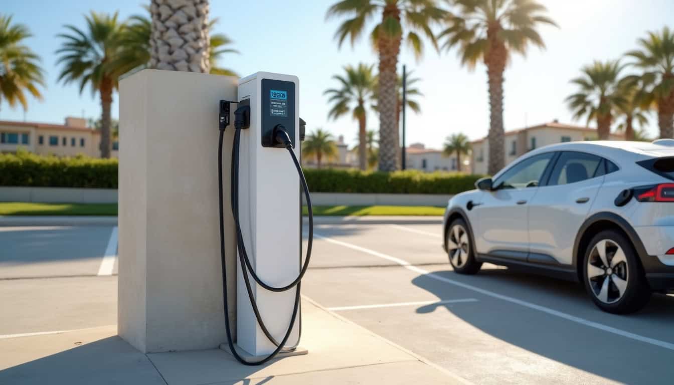 Borne de recharge électrique en extérieur sur un parking public à La Grande-Motte