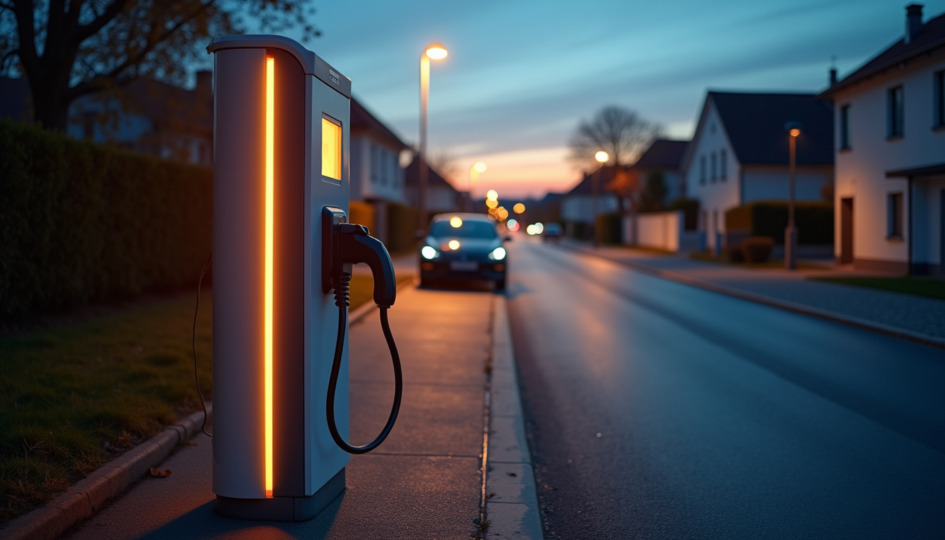 Borne de recharge électrique en fonctionnement à la tombée de la nuit à Servins