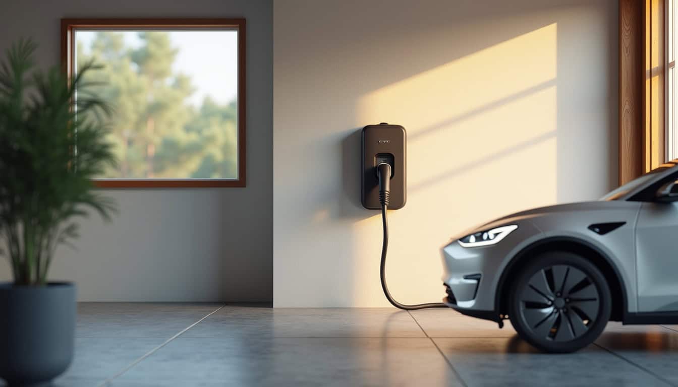 Borne de recharge électrique en fonctionnement dans un garage résidentiel