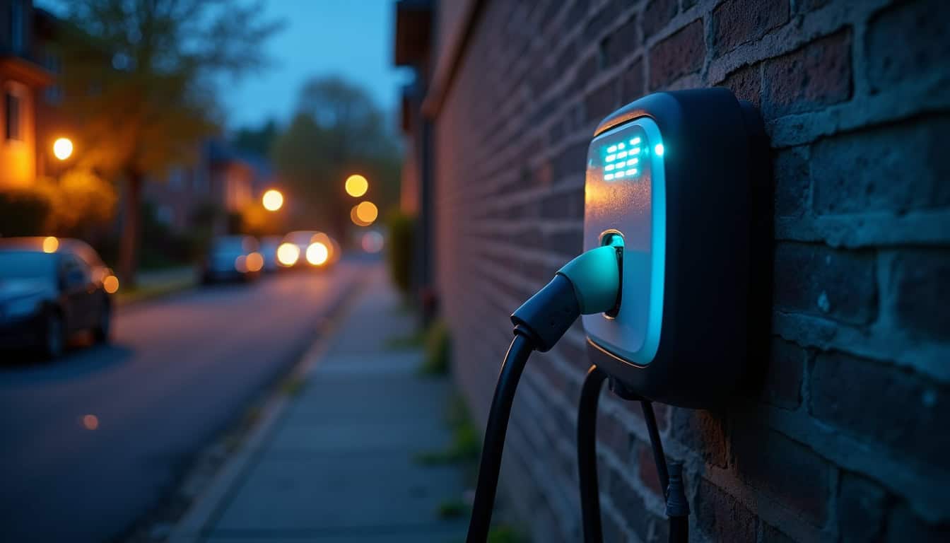 Borne de recharge électrique en fonctionnement de nuit à Pont-Saint-Pierre