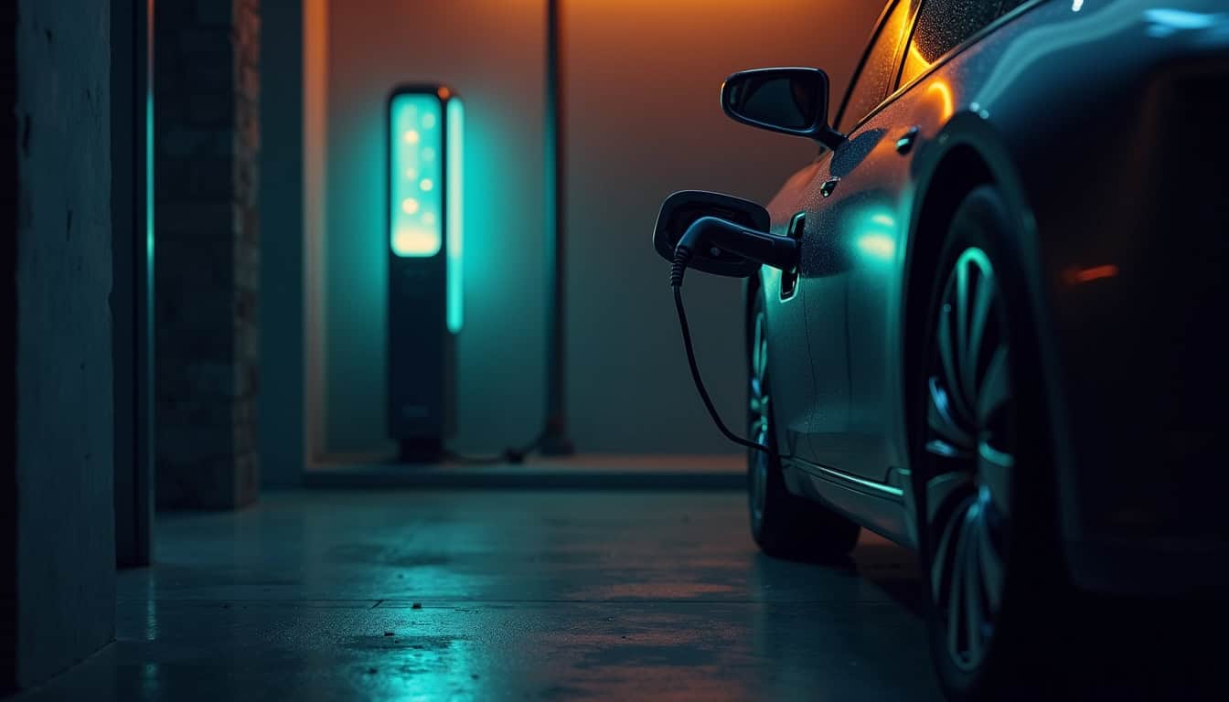 Borne de recharge électrique en fonctionnement la nuit dans un garage privé