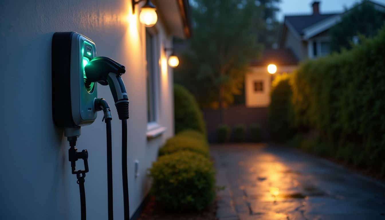 Borne de recharge électrique en fonctionnement la nuit dans une résidence d'Oinville-sur-Montcient