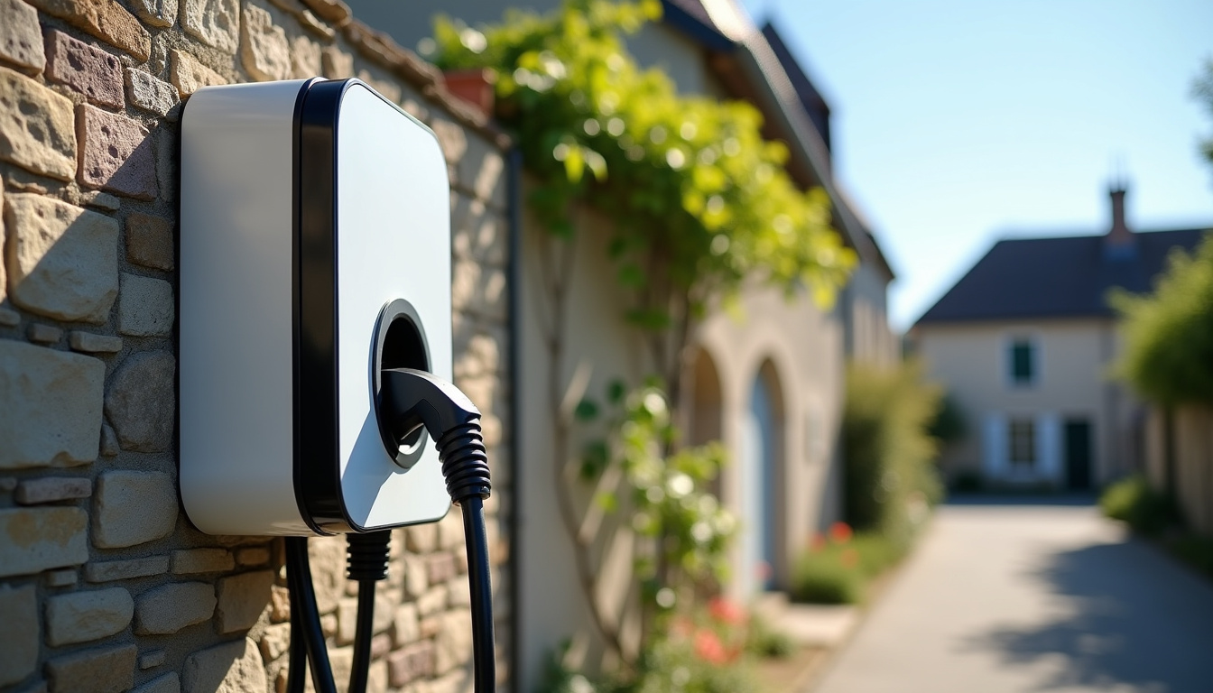 Borne de recharge électrique en journée dans une rue résidentielle de Montfort-sur-Meu