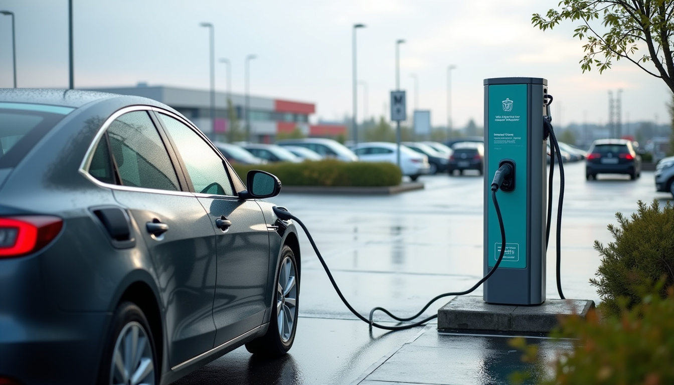 Borne de recharge électrique en libre-service sur un parking public à Batz-sur-Mer, près d'une grande surface