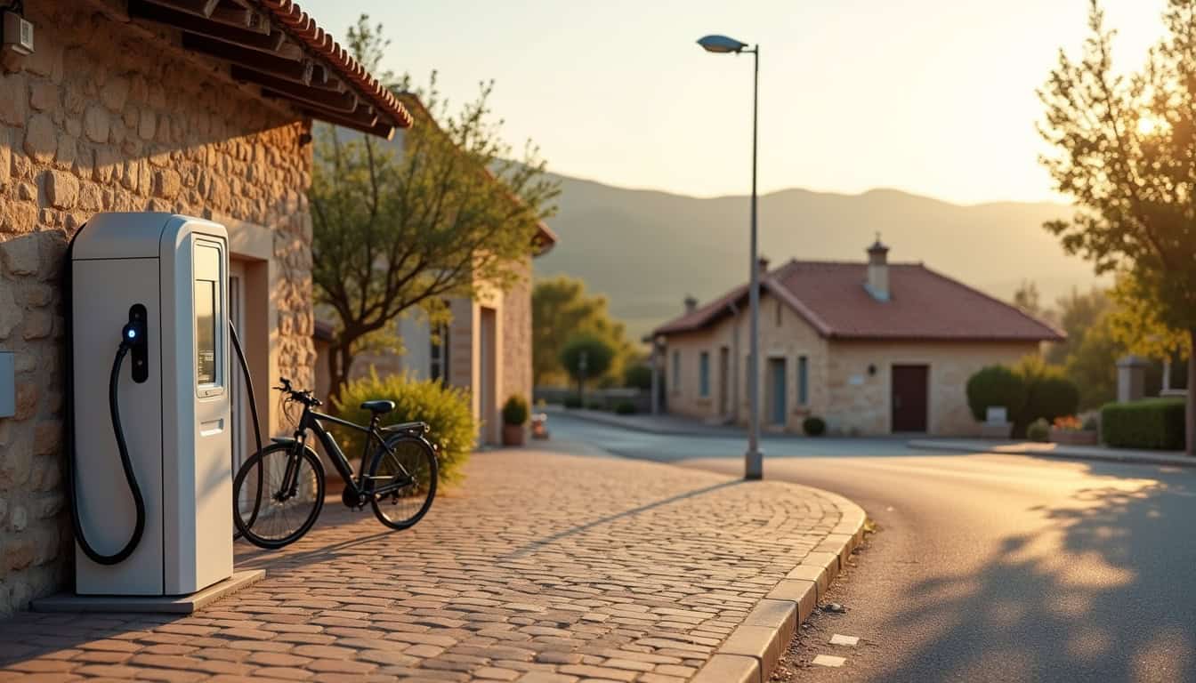 Borne de recharge électrique en milieu rural, située sur une place de village à Piégut-Pluviers