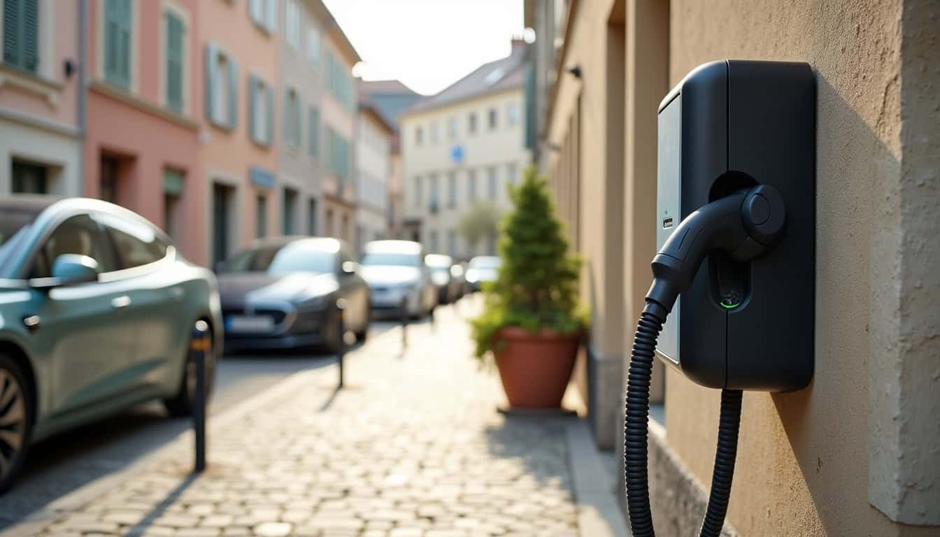 Borne de recharge électrique en milieu urbain, entourée de voitures stationnées