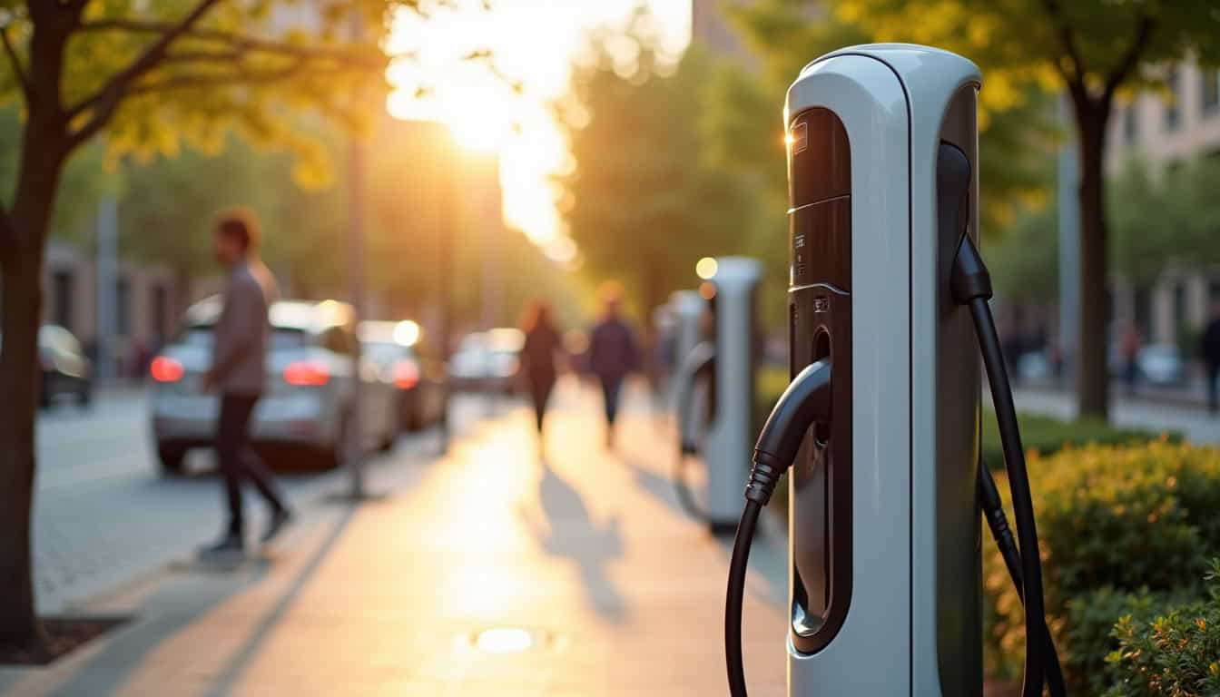 Borne de recharge électrique en milieu urbain, vue de face