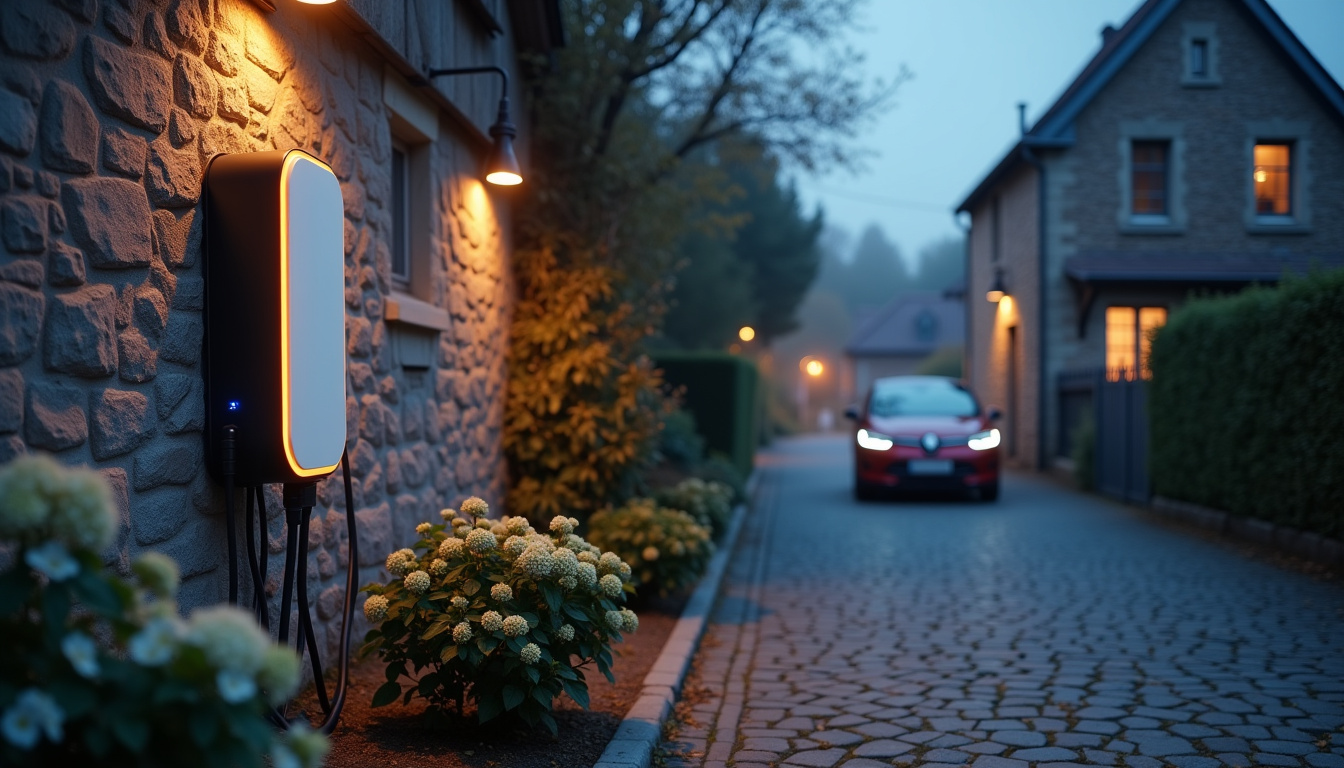 Borne de recharge électrique en soirée dans un quartier résidentiel de Montfort-sur-Meu