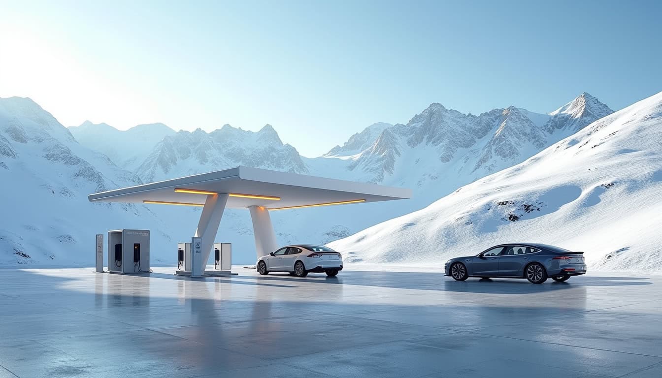 Borne de recharge électrique en station d'Alpe d'Huez avec paysage montagneux en arrière-plan