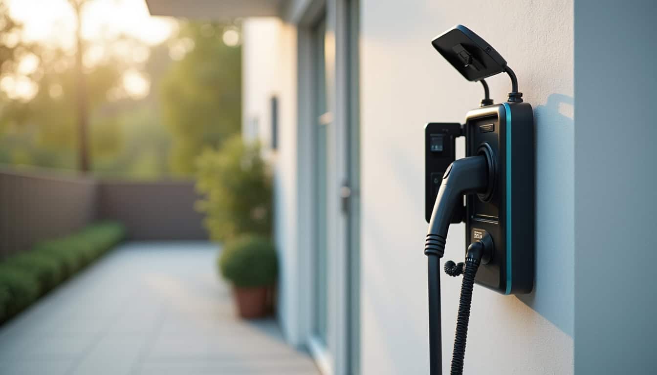 Borne de recharge électrique équipée d'un connecteur de type 2, installée sur un mur extérieur
