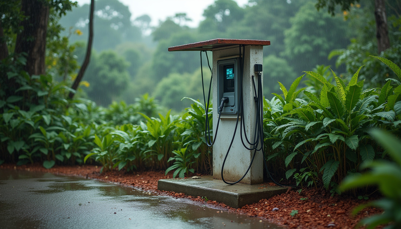 Borne de recharge électrique étanche installée à Camopi, protégée par un capot et montée sur un support surélevé