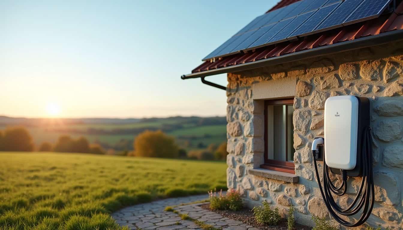 Borne de recharge électrique installée à côté de panneaux solaires sur une maison à Ménéac