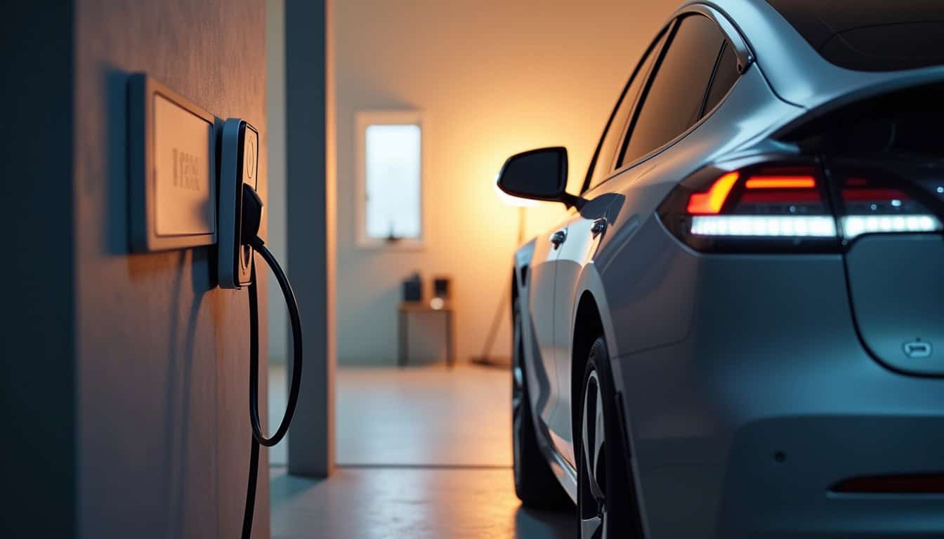Borne de recharge électrique installée à côté d'une voiture électrique dans un garage à La Côte-Saint-André