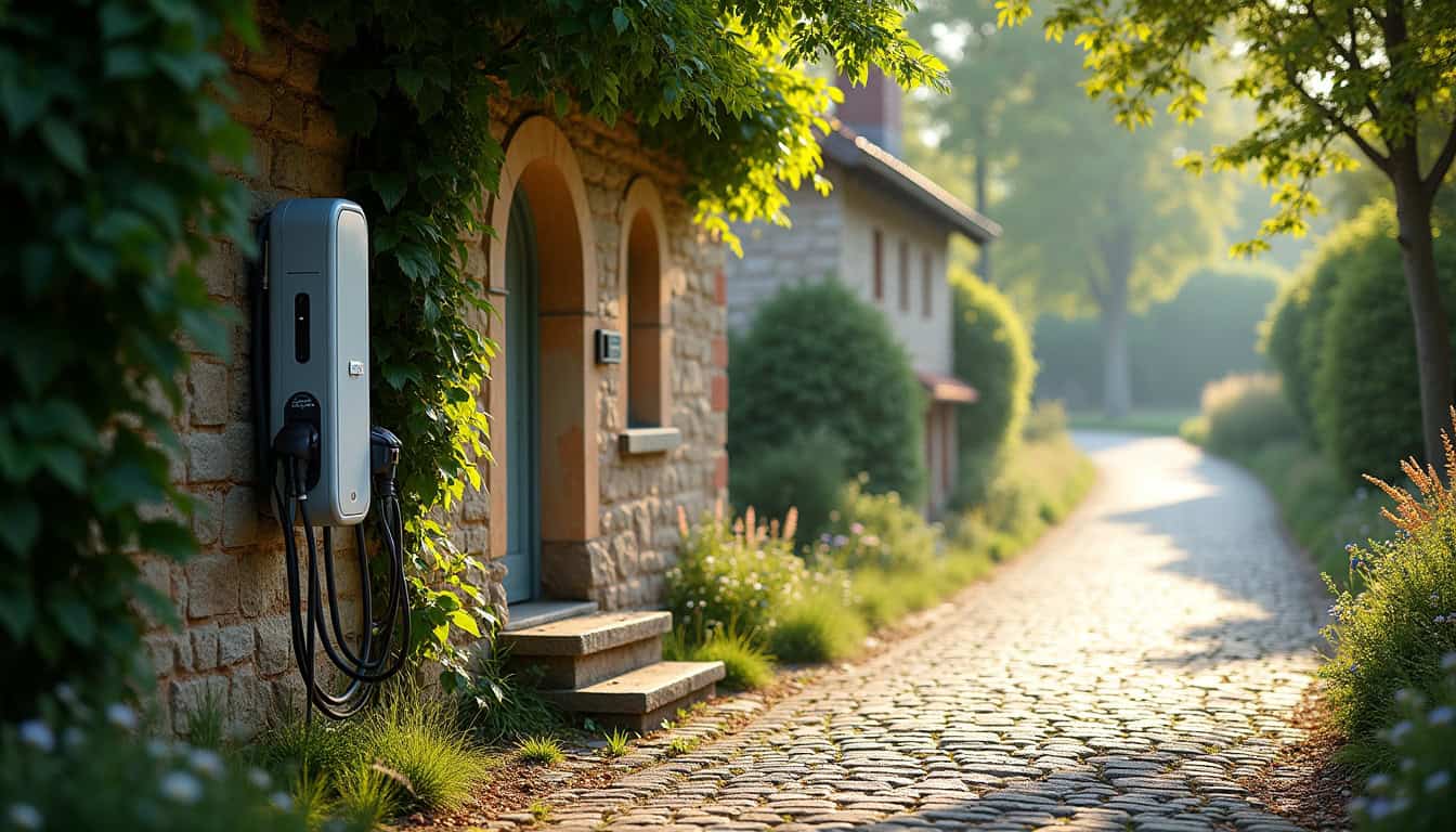 Borne de recharge électrique installée à l'arrière de l'église de Jouy-le-Potier sur l'allée du 19 mars 1962