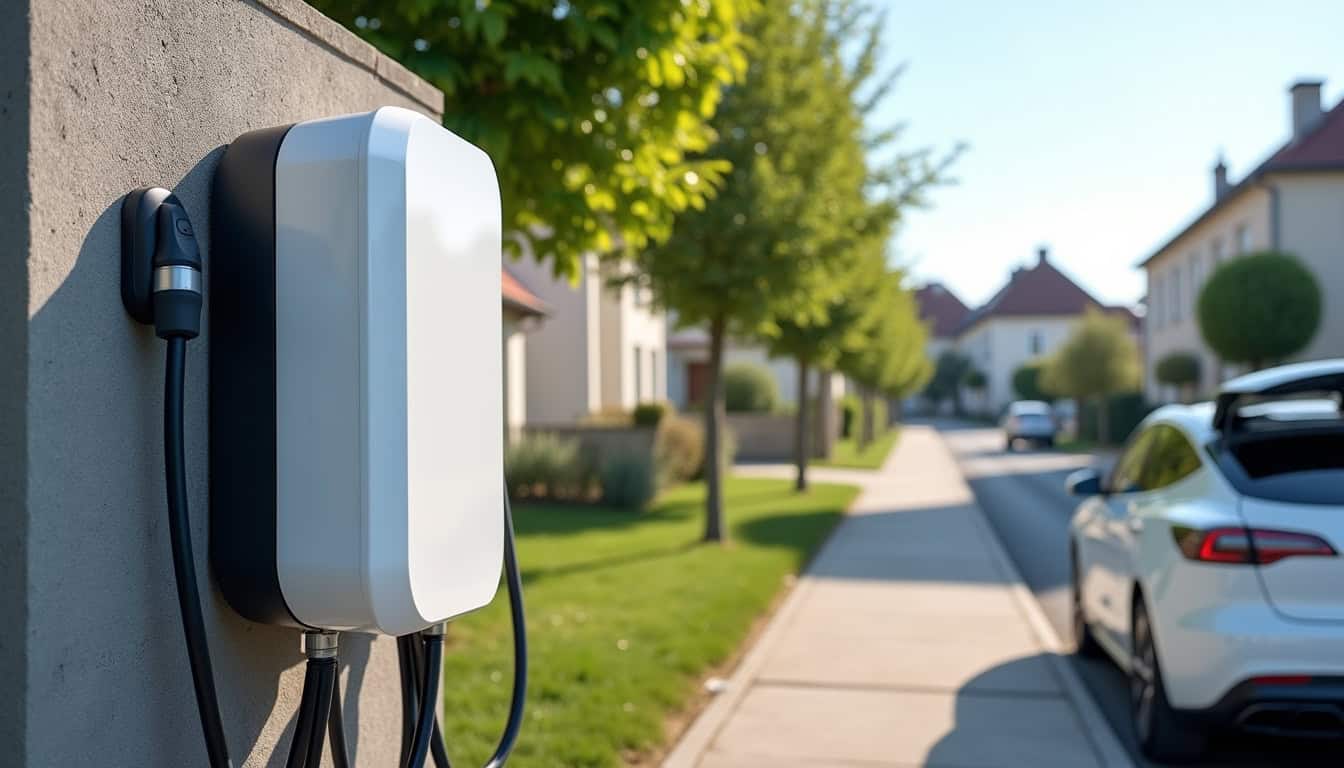 Borne de recharge électrique installée à Le Palais-sur-Vienne, vue en plein jour