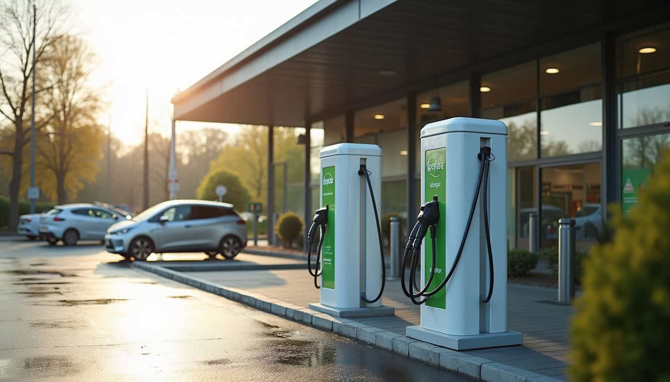 Borne de recharge électrique installée à l'entrée d'un supermarché Intermarché à Péron