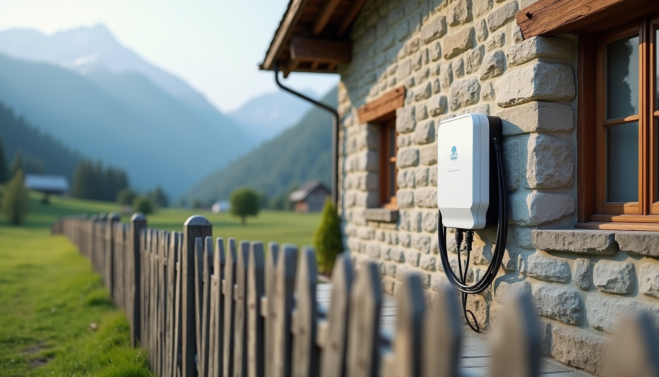 Borne de recharge électrique installée à l'extérieur dans un cadre rural typique d'Habère-Poche