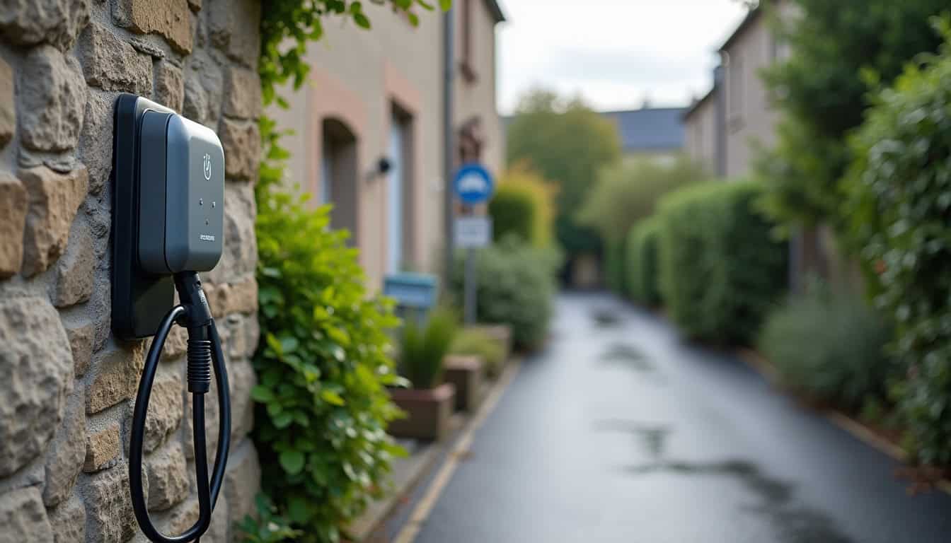 Borne de recharge électrique installée à l'extérieur dans un quartier résidentiel de Pont-Aven