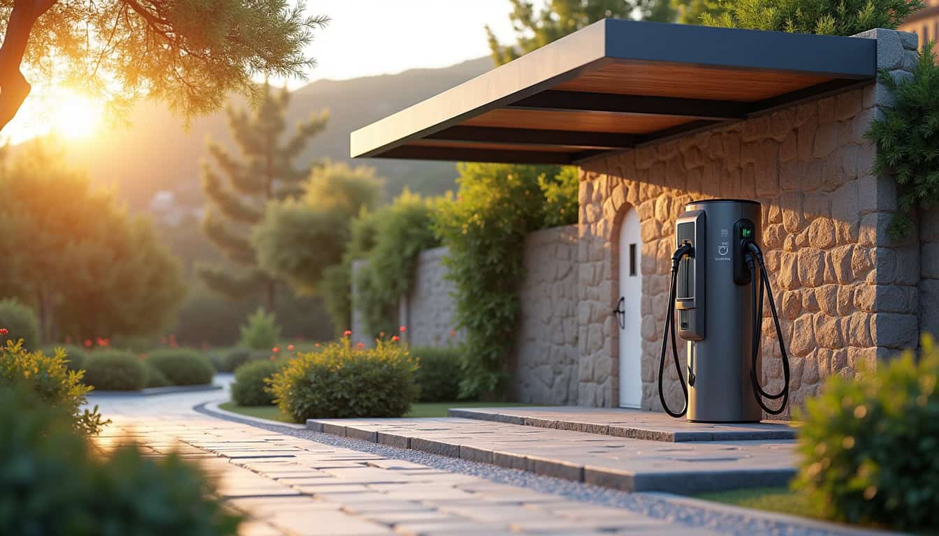 Borne de recharge électrique installée à l'extérieur dans une résidence à Robion, protégée contre les intempéries