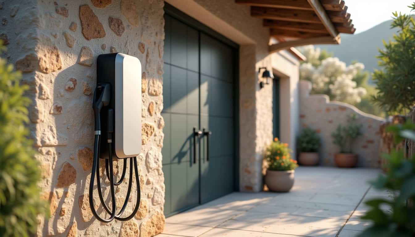 Borne de recharge électrique installée à l’extérieur d’un garage à La Couarde-sur-Mer
