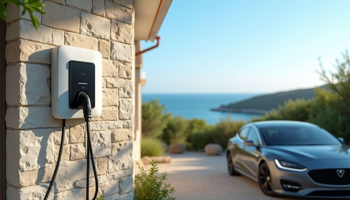 Borne de recharge électrique installée à l'extérieur d'une maison à Barbâtre, en journée