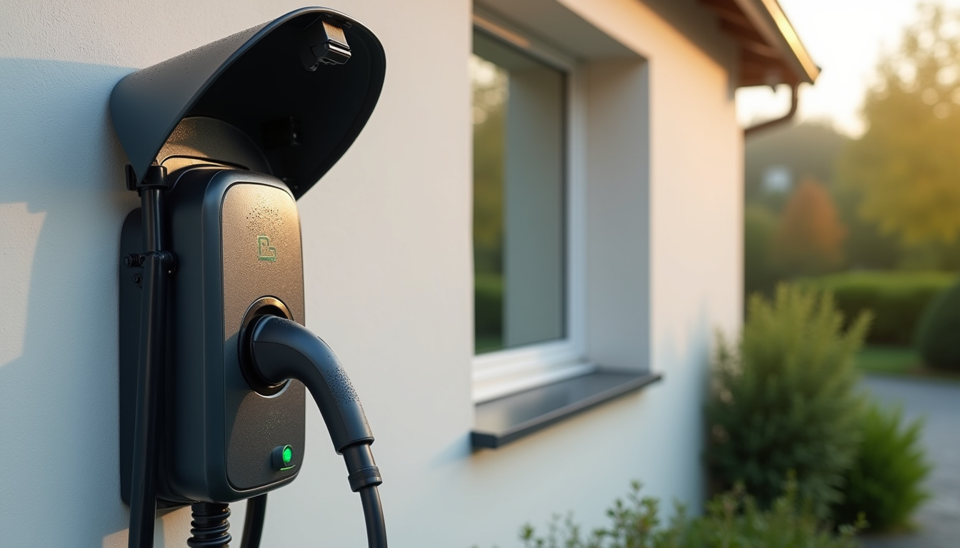 Borne de recharge électrique installée à l'extérieur d'une maison à Blodelsheim, protégée des intempéries