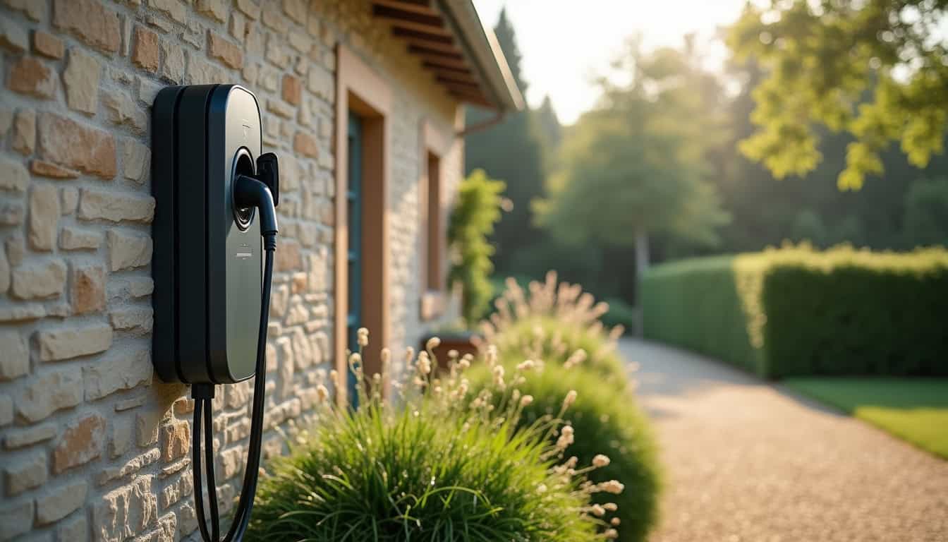 Borne de recharge électrique installée à l'extérieur d'une maison à Bourbriac