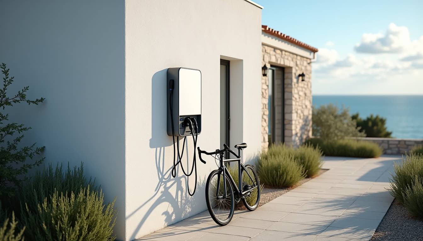 Borne de recharge électrique installée à l'extérieur d'une maison à Brem-sur-mer, en milieu urbain cotier