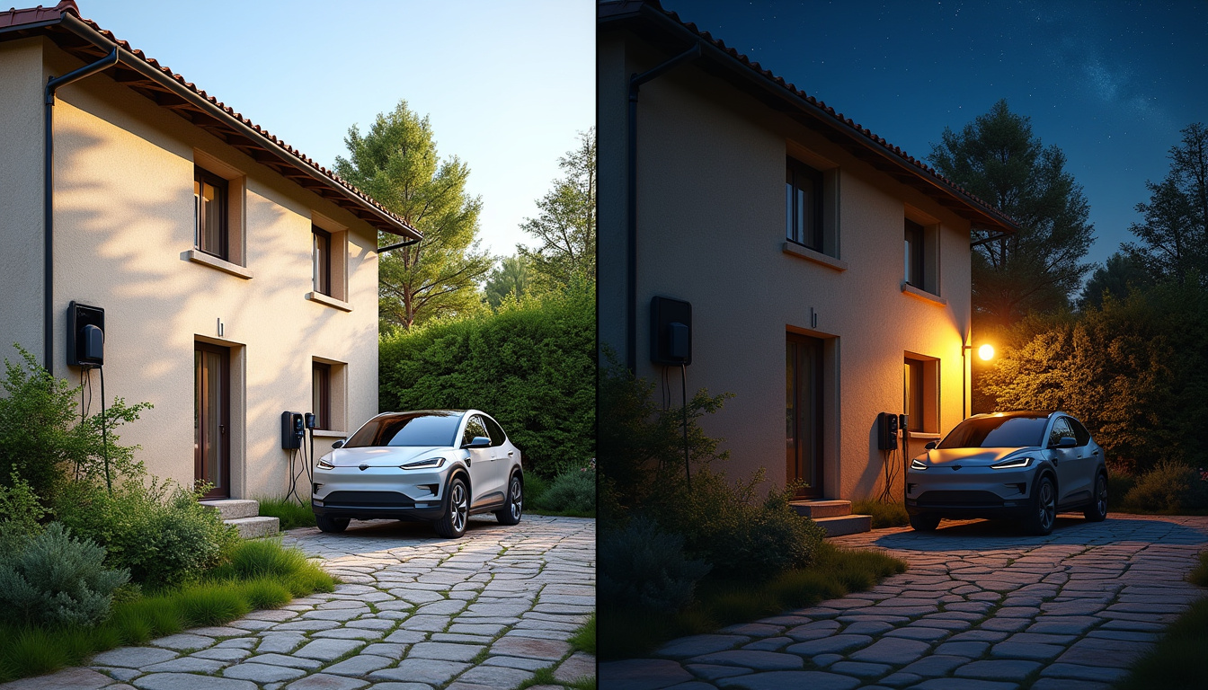 Borne de recharge électrique installée à l'extérieur d'une maison à Campagne-lès-Hesdin, vue de jour et de nuit