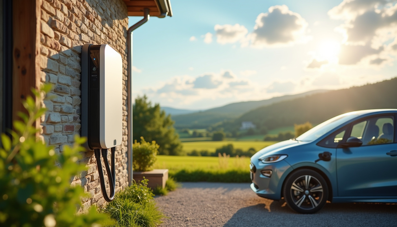 Borne de recharge électrique installée à l'extérieur d'une maison à Châtonnay, en milieu rural