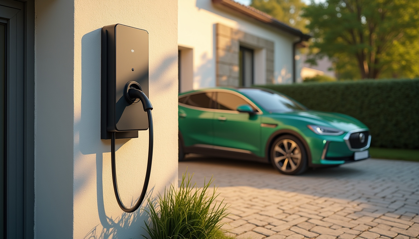 Borne de recharge électrique installée à l'extérieur d'une maison à Condé-sur-Sarthe, près d'un stationnement privé