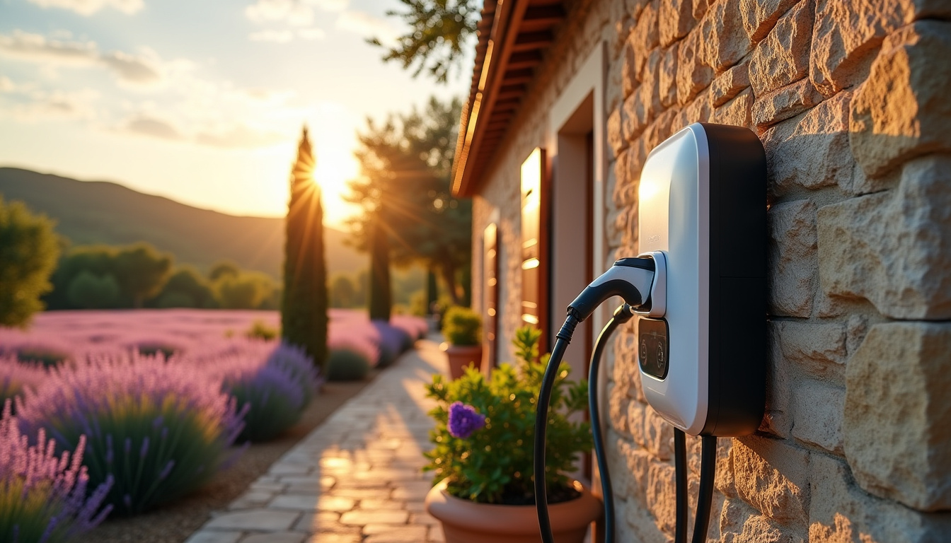 Borne de recharge électrique installée à l'extérieur d'une maison à Corbières-en-Provence