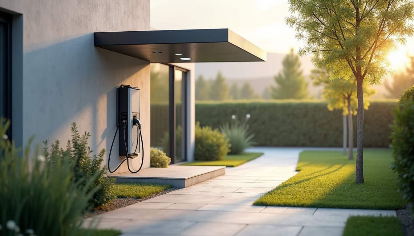 Borne de recharge électrique installée à l'extérieur d'une maison à Divion, protégée par un abri