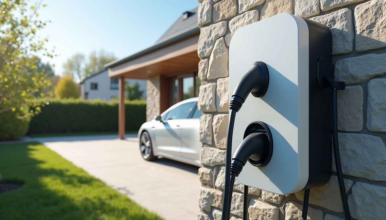Borne de recharge électrique installée à l'extérieur d'une maison à Escalquens, en journée