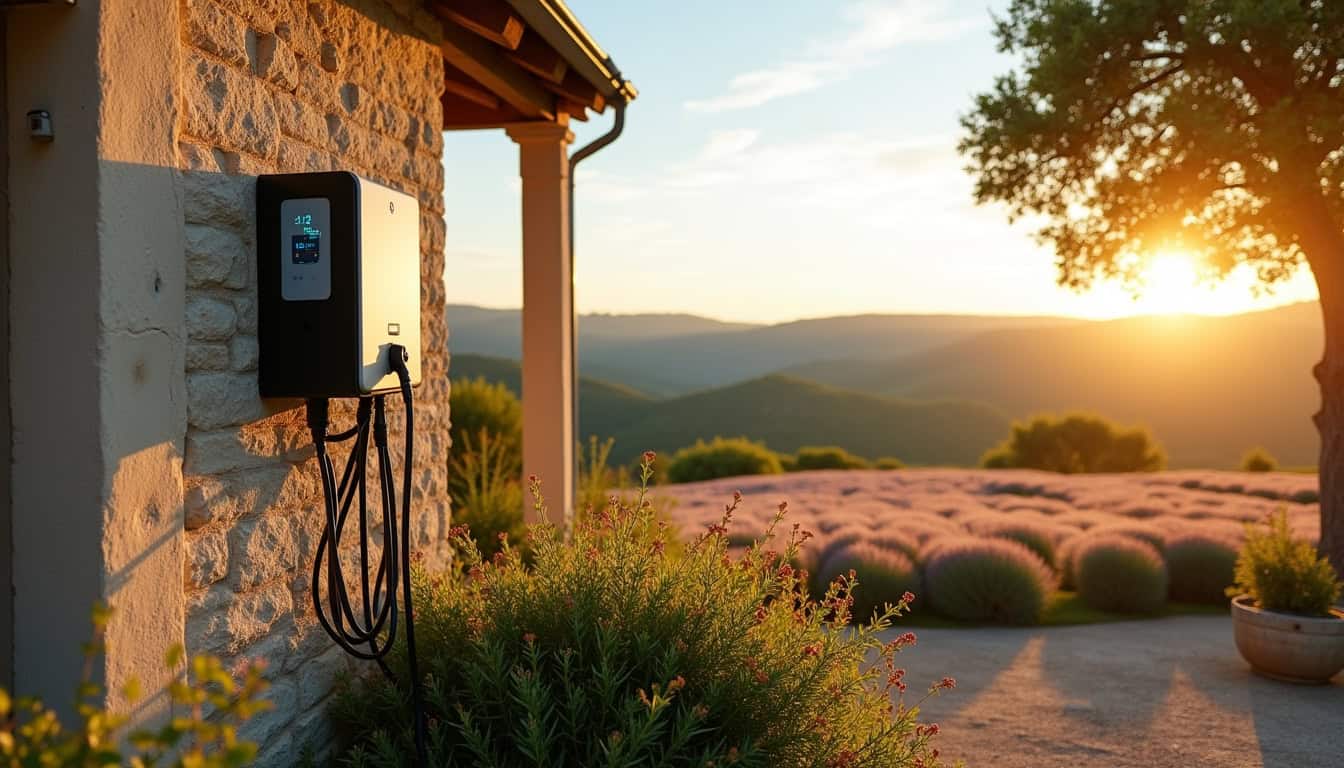 Borne de recharge électrique installée à l'extérieur d'une maison à Grane, dans un cadre rural avec vue sur les collines de la Drôme