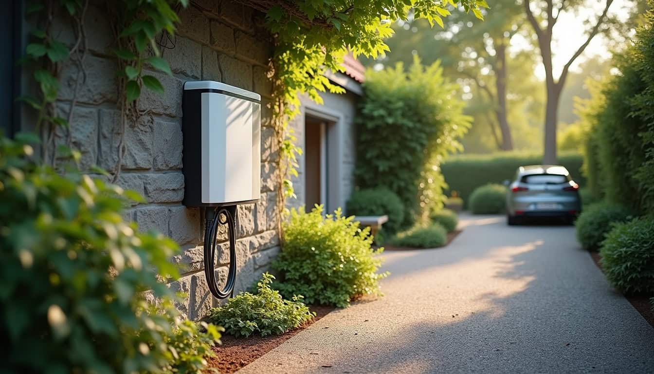 Borne de recharge électrique installée à l’extérieur d’une maison à Jans, dans un jardin ombragé