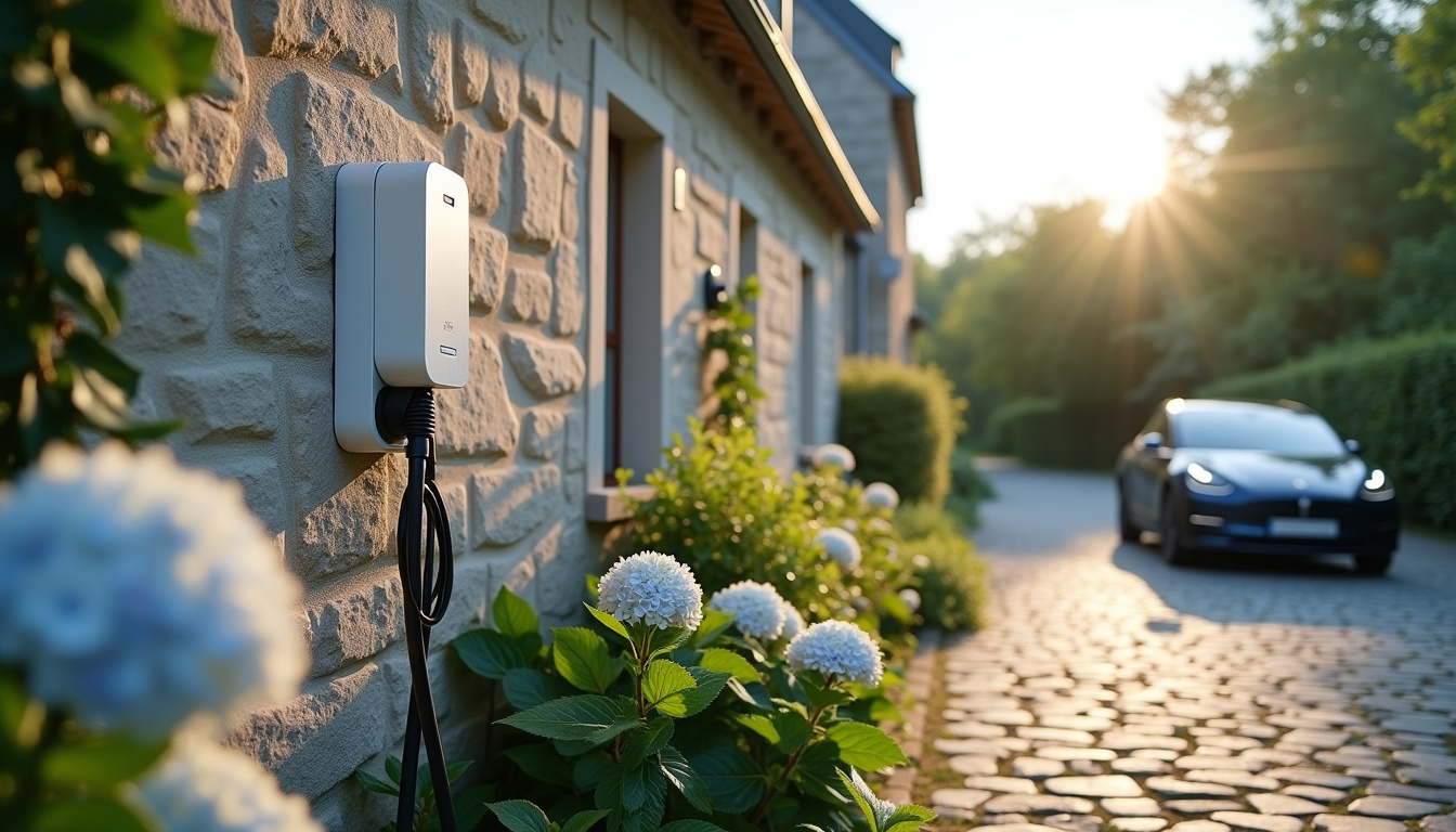 Borne de recharge électrique installée à l'extérieur d'une maison à La Meilleraye-de-Bretagne