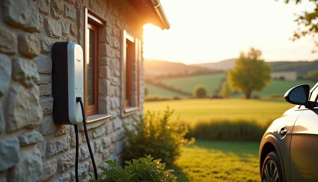 Borne de recharge électrique installée à l'extérieur d'une maison à Lanobre, en milieu rural