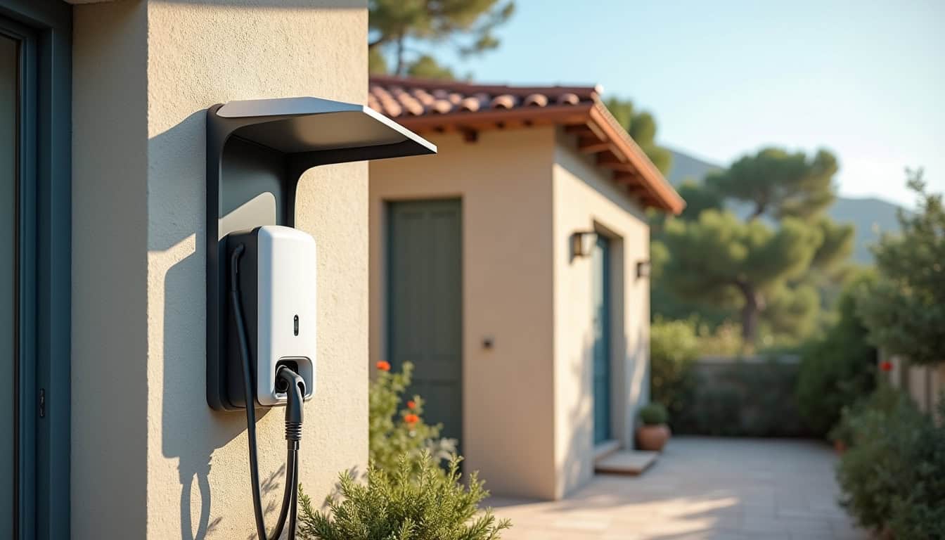Borne de recharge électrique installée à l'extérieur d'une maison à Linxe, protégée contre les intempéries