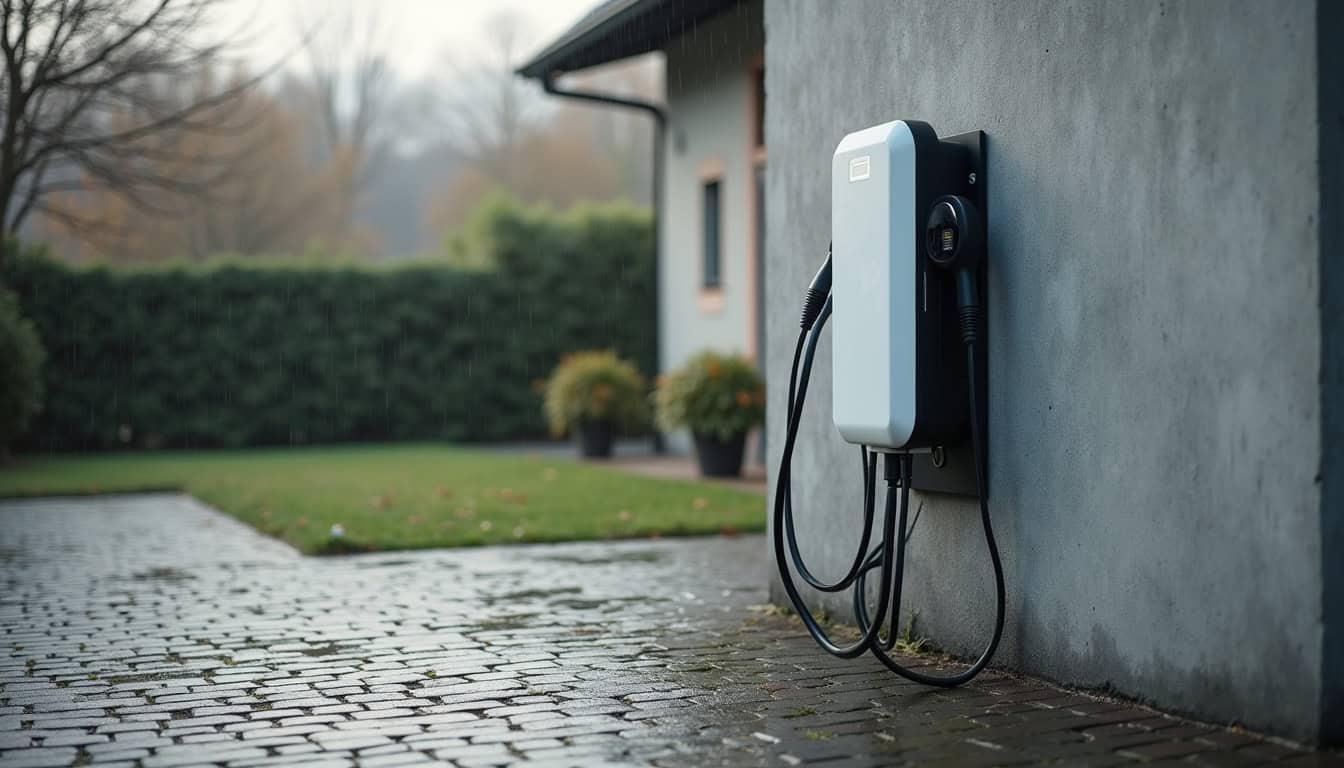Borne de recharge électrique installée à l'extérieur d'une maison à Malintrat