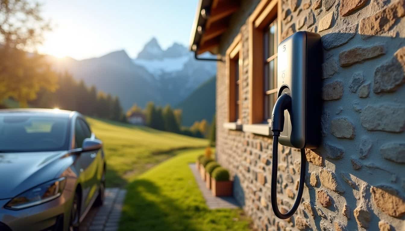 Borne de recharge électrique installée à l'extérieur d'une maison à Mieussy