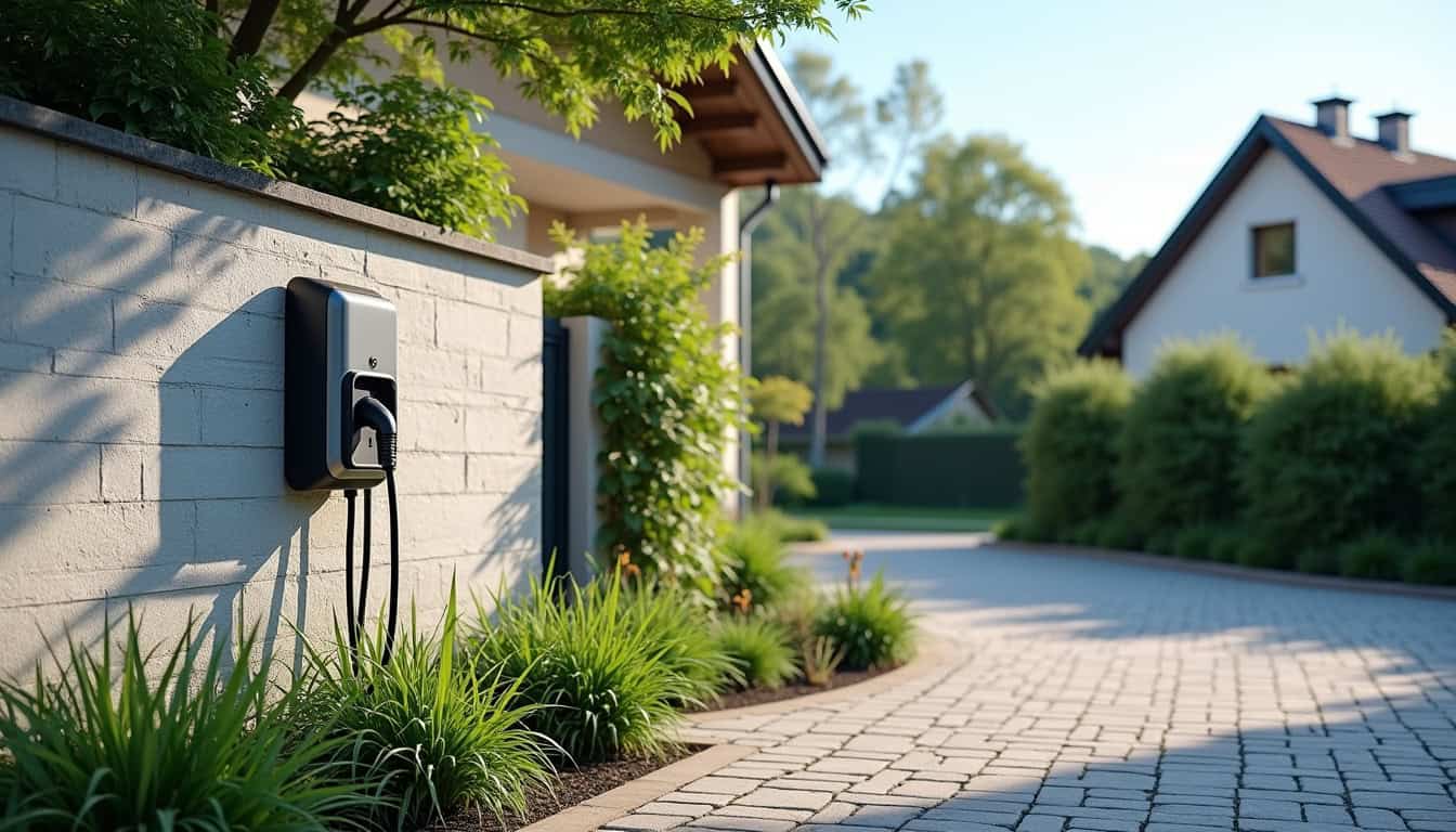 Borne de recharge électrique installée à l'extérieur d'une maison à Ohnenheim, vue de jour