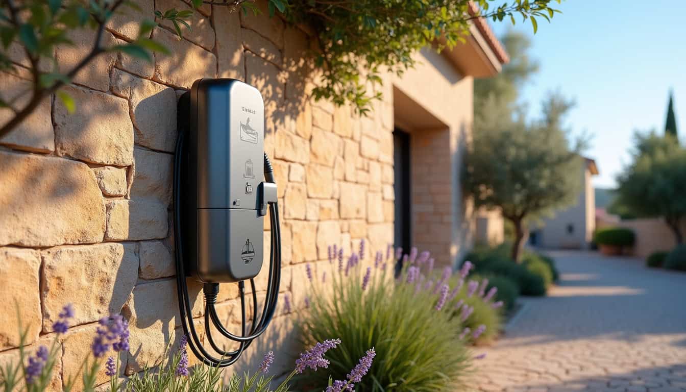 Borne de recharge électrique installée à l'extérieur d'une maison à Puisserguier