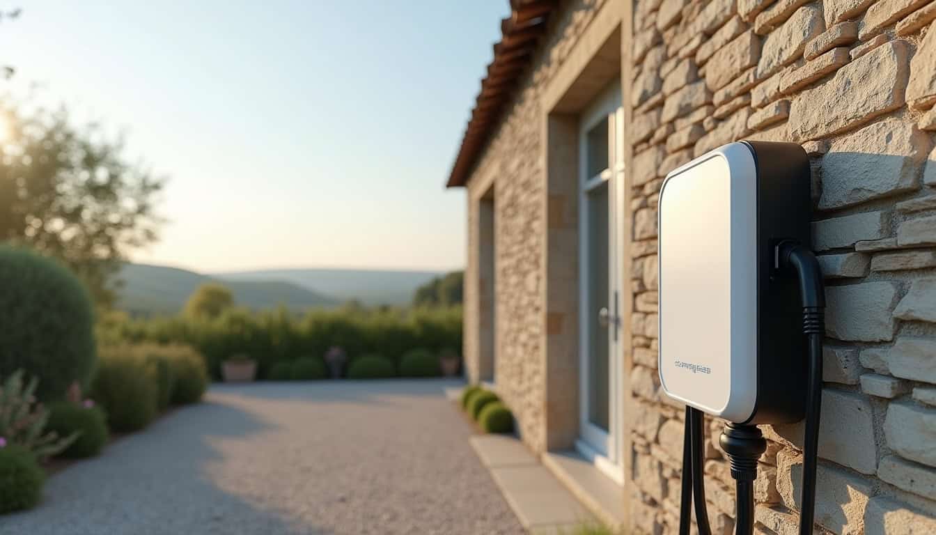 Borne de recharge électrique installée à l'extérieur d'une maison à Saint-Hilaire-de-Villefranche